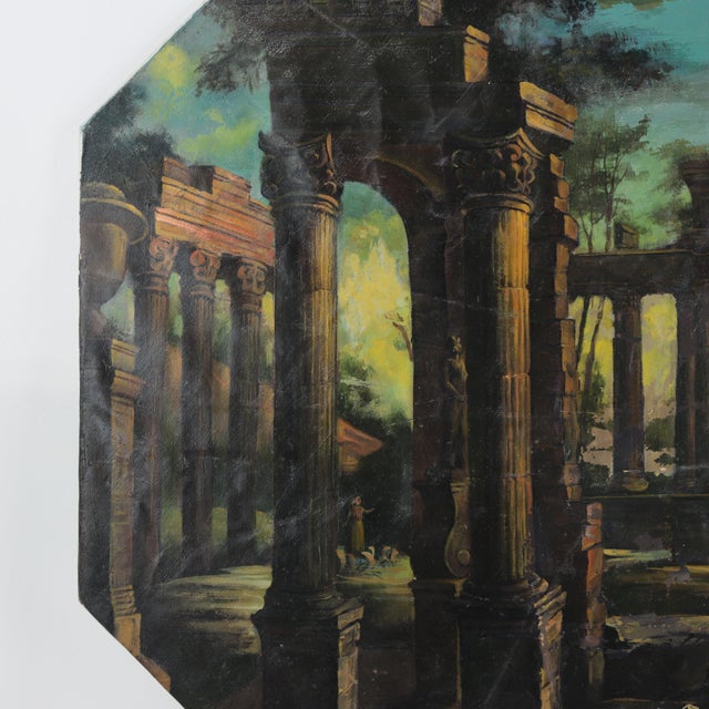 Vintage Octagonal Oil Painting - Classical Roman Ruins Capriccio Landscape For Sale - Image 4 of 11