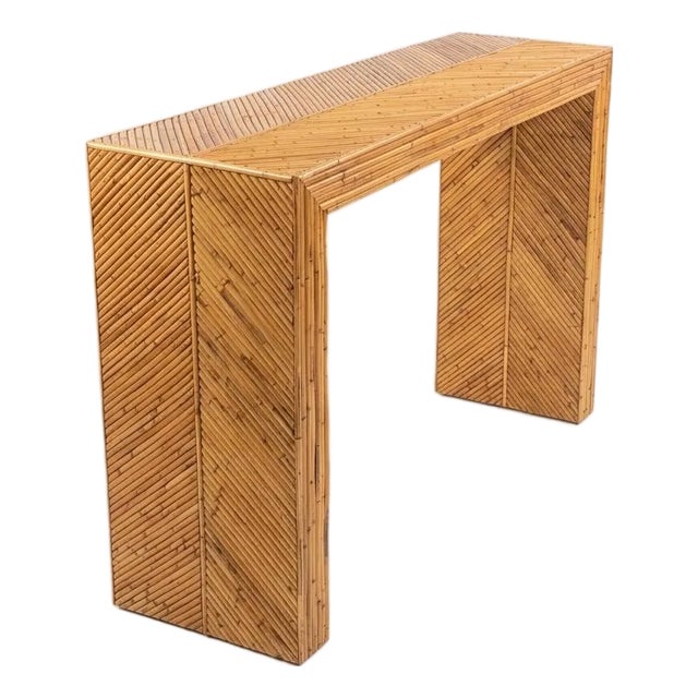Vintage Pencil Rattan Chevron Waterfall Console Table For Sale