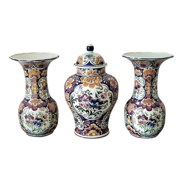 Set of Three Handworked Polychrome Boch Faience Vases, Premium Belgian Garniture Set For Sale
