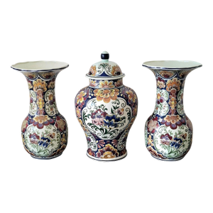 Set of Three Handworked Polychrome Boch Faience Vases, Premium Belgian Garniture Set