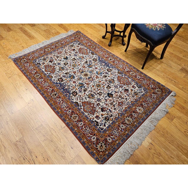 Vintage Persian Isfahan Rug, Hand-Knotted Wool & Silk, Allover Floral Pattern, Ivory & Brick-Red, 4x6 For Sale - Image 4 of 18