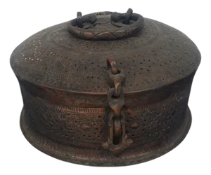 Late 20th Century Indian Pan Daen Pierced Round Copper Tinned Box
