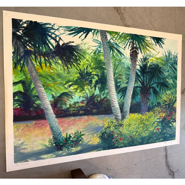 Artistic landscape painting depicting tropical palm trees and dense foliage in a vibrant, impressionistic style. The...