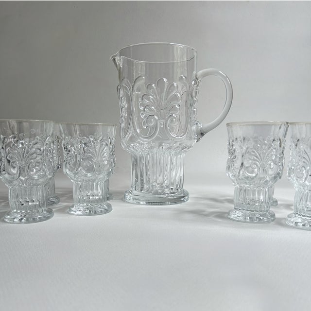 Vintage Pilgrim Glass "Adams" Clear Set of 8 Pedestal Glasses + Pitcher For Sale - Image 18 of 18