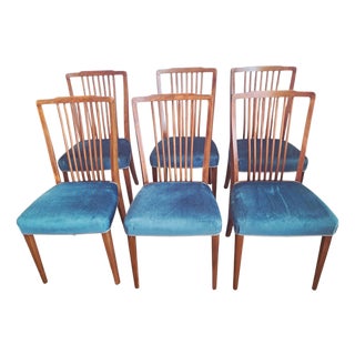Mid-Century Dining Chairs in Teal Blue Velour by Greaves & Thomas, 1960s, Set of 6 For Sale