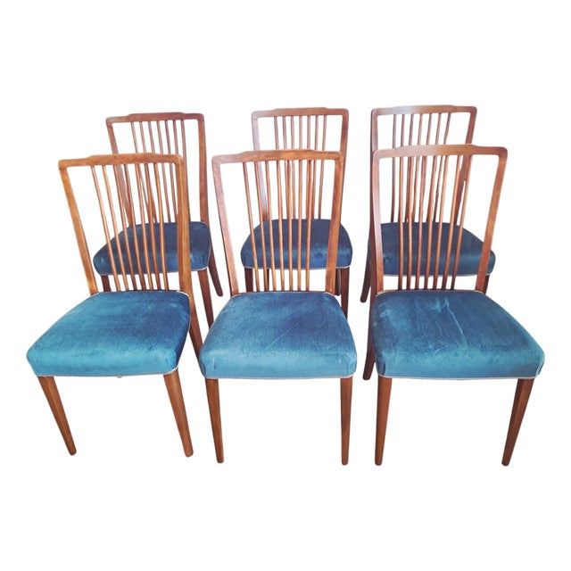 Mid-Century Dining Chairs in Teal Blue Velour by Greaves & Thomas, 1960s, Set of 6 For Sale