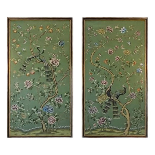 W24"* H53", Emerald Green Peacock Peony 2-Panel Chinoiserie Wallpaper Panels, No Frame, Tea Paper For Sale