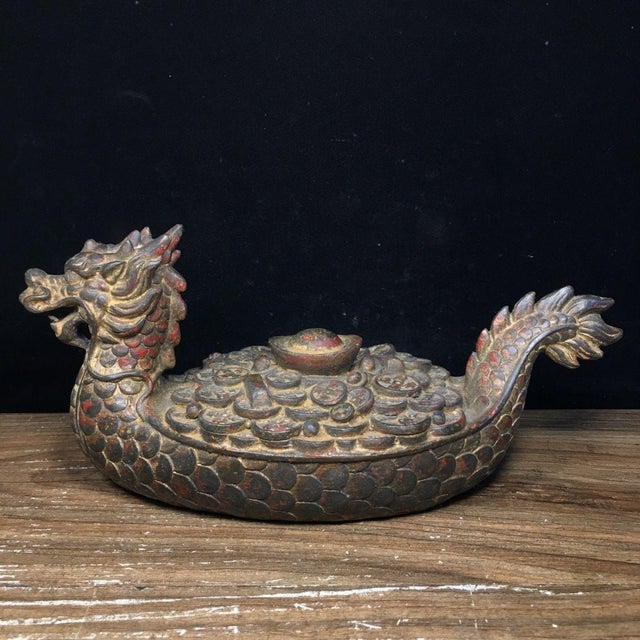 Late 20th Century Vintage Gilt Bronze Dragon Boat Sculpture With Coin Motif and Red Patina For Sale - Image 5 of 9