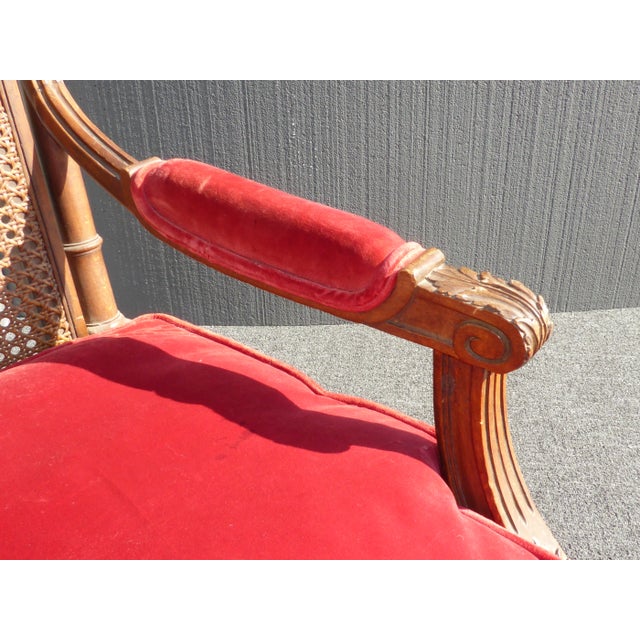 Vintage French Provincial Red Velvet Arm Chair With Cane Back & Goose Down Fill For Sale - Image 9 of 11