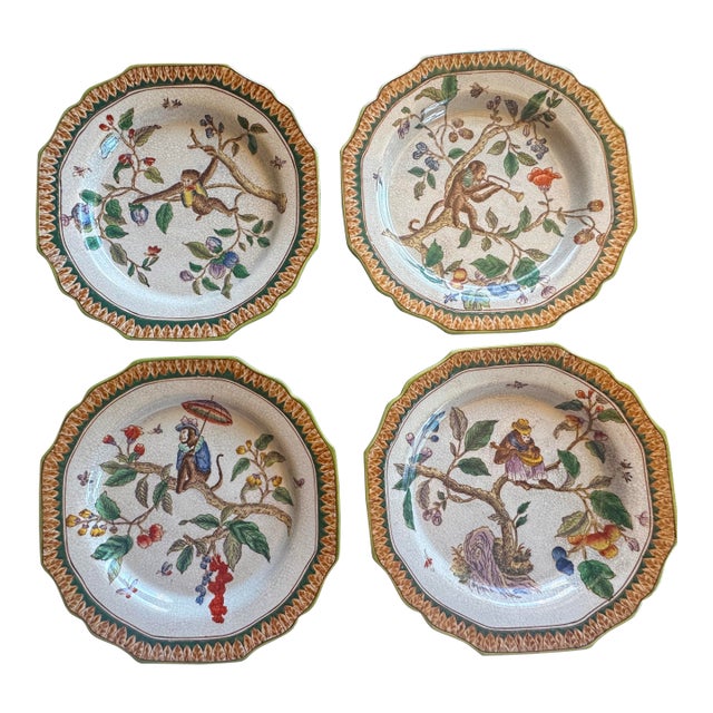 Vintage Chinoiserie Monkey Plates, Hua Rong Tang Zhi, Set of 4 For Sale