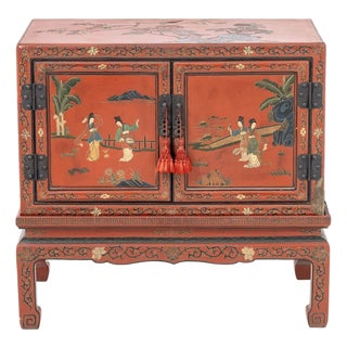 Antique Chinese Red Lacquer Painted Cabinet on Stand, Late Qing Dynasty, Circa 1880–1920 For Sale
