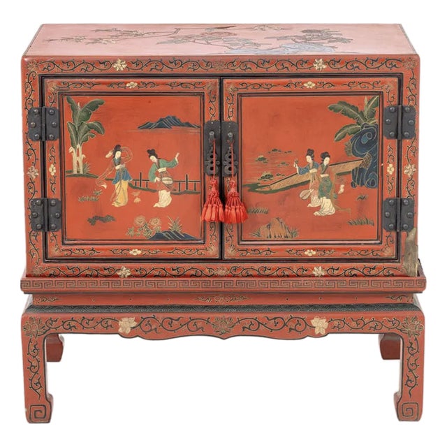 Antique Chinese Red Lacquer Painted Cabinet on Stand, Late Qing Dynasty, Circa 1880–1920 For Sale