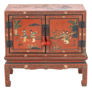 Antique Chinese Red Lacquer Painted Cabinet on Stand, Late Qing Dynasty, Circa 1880–1920