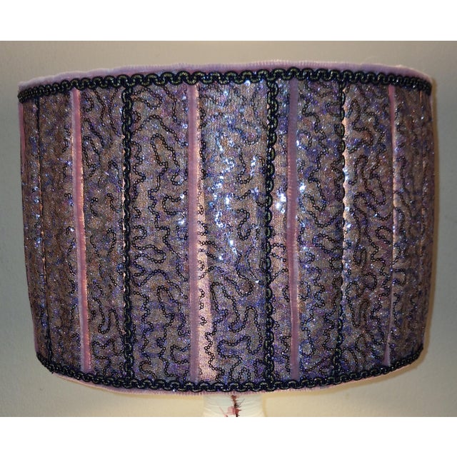 Brown Vintage White Ceramic Table Lamp with Cherry Blossom Motif and Fabric Shade, 1970s For Sale - Image 8 of 10