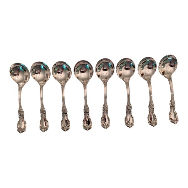 Late 20th Century Reed & Barton "Burgundy" Sterling Silver Cream Soup Spoons, Lot of 8 For Sale