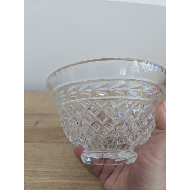 Rogaska Slovenia cut clear crystal bowl with diamond and leaf pattern, measuring about 5.75 inches in diameter.