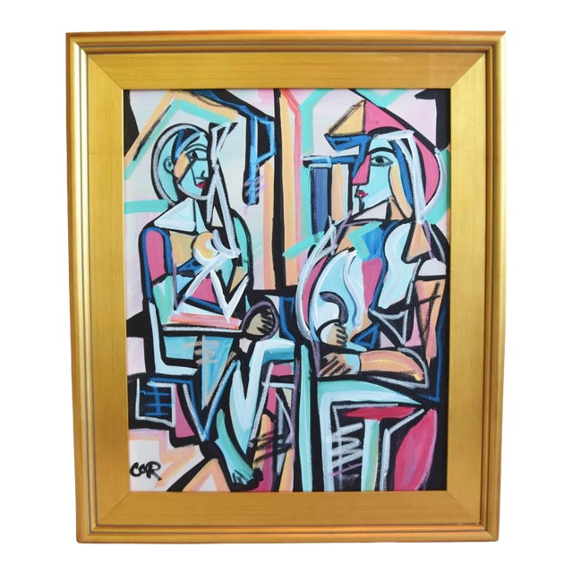 Contemporary Cubism Listed Artist Portraits Oil Painting Including the Antiqued Gold Wood Frame For Sale