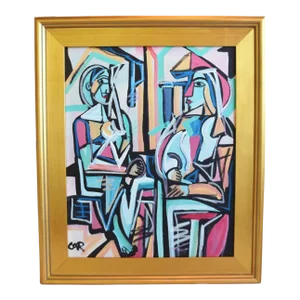 Contemporary Cubism Listed Artist Portraits Oil Painting Including the Antiqued Gold Wood Frame