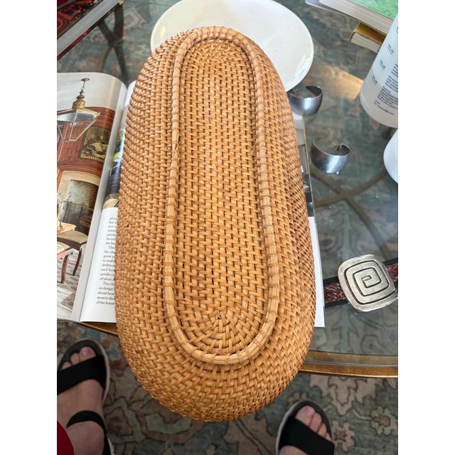 Boho Chic Vintage Woven Rattan Oval Tray. 14” X 6” Natural Wicker Basket For Sale - Image 3 of 4