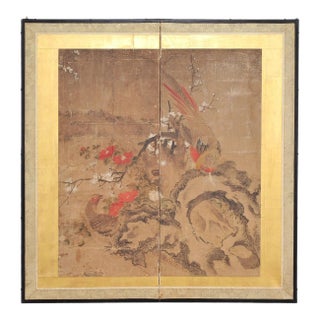 18th C. Japanese Edo Two-Panel Screen Pheasants Floral Landscape For Sale