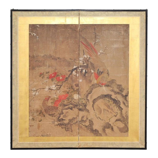 18th C. Japanese Edo Two-Panel Screen Pheasants Floral Landscape For Sale