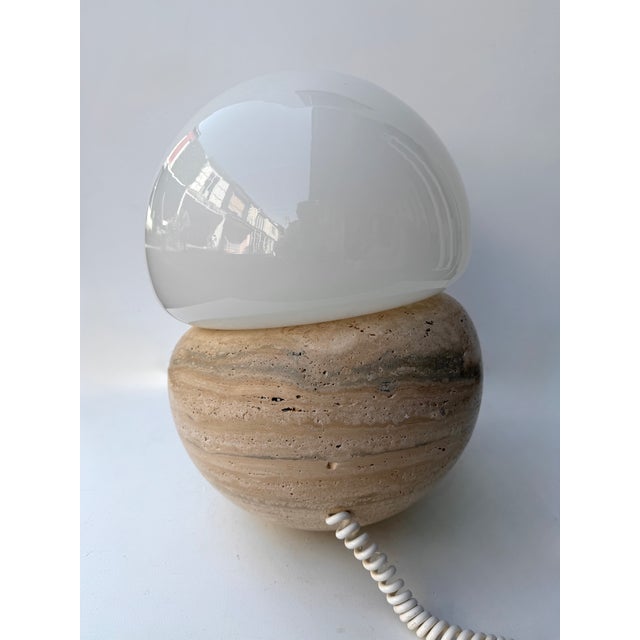Pair of Travertine and Opaline Glass Culbuto Lamps Italy, 1980s For Sale - Image 9 of 14