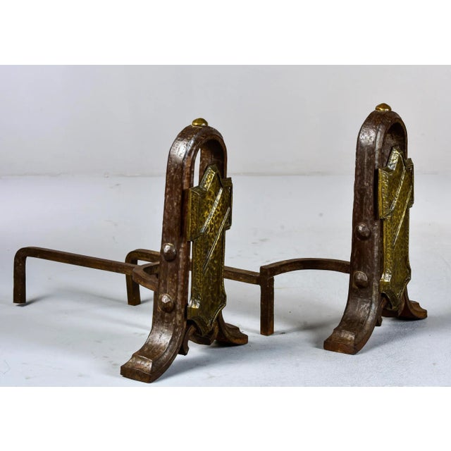 Large Arts & Crafts Hammered Iron and Brass Andirons - Pair For Sale - Image 4 of 10