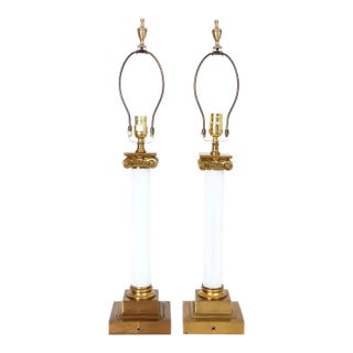 Pair of Paul Hanson Style Brass and White Opaline Glass Lamps For Sale