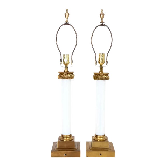 Pair of Paul Hanson Style Brass and White Opaline Glass Lamps For Sale