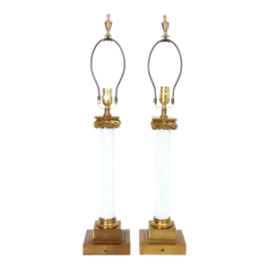 Pair of Paul Hanson Style Brass and White Opaline Glass Lamps