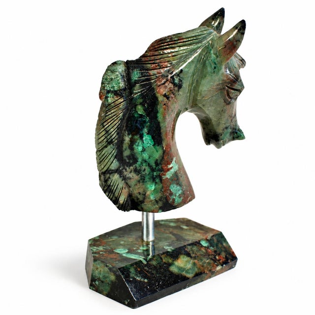 Natural Emerald Gemstone Horse Bust Sculpture Hand Carved Cherry Blossom For Sale - Image 4 of 13