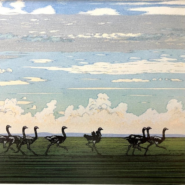 "Running Ostrich" Japanese Woodblock Print by Yoshida Toshi Circa 1984 For Sale - Image 4 of 8