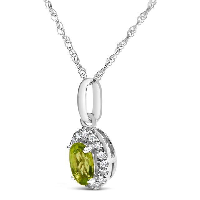 Contemporary 10K White Gold 5x3mm Green Peridot and Diamond Accent Halo Oval Shape 18" Pendant Necklace (I-J Color, I1-I2 Clarity) For Sale - Image 3 of 5