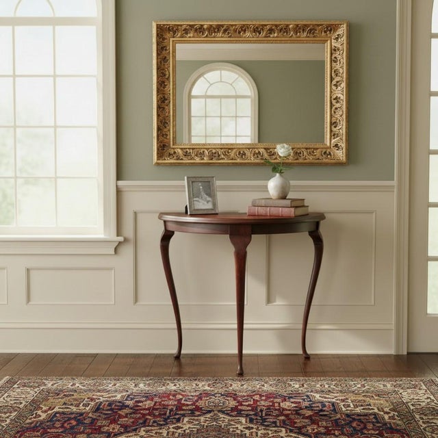 This charming Mahogany 1920s Queen Anne half‑moon console table brings graceful early‑20th‑century craftsmanship into any...