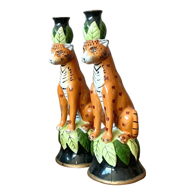 Vintage Boho Glazed Ceramic Tiger Candlesticks - A Pair For Sale