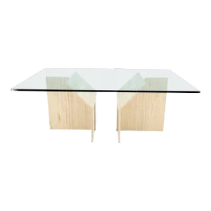 Large Double Travertine Pedestal Glass Top Dining Conference Table