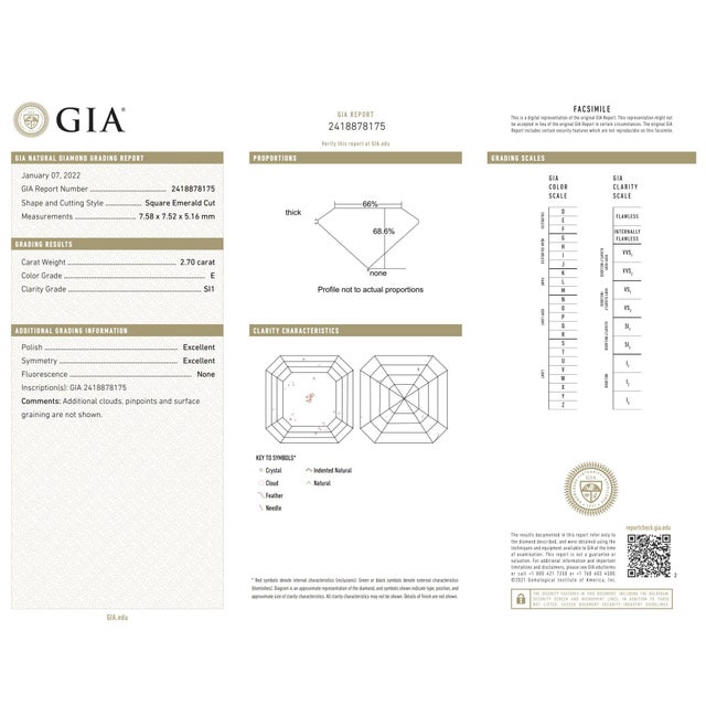 Metal 1950s Mid Century Gia 2.70 Carat Square Emerald Cut Diamond Platinum Engagement Ring, Size 4 For Sale - Image 7 of 7