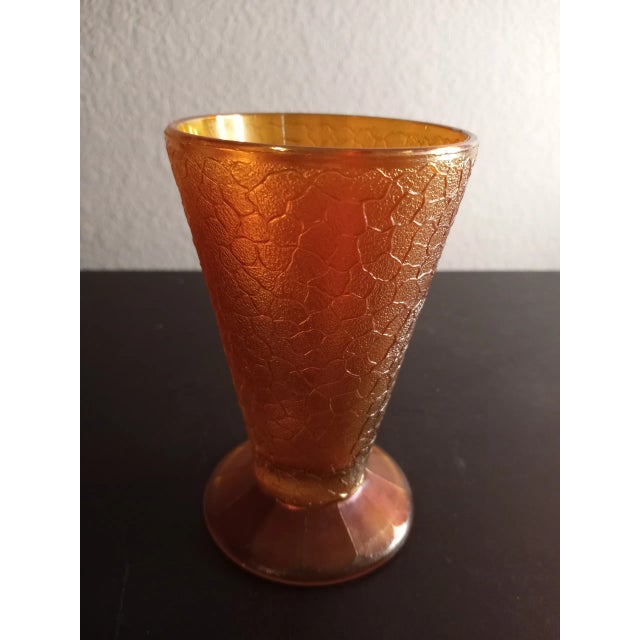Art Deco 1950s Jeannette Crackled Marigold Carnival Glass Tumbler Vase For Sale - Image 3 of 6