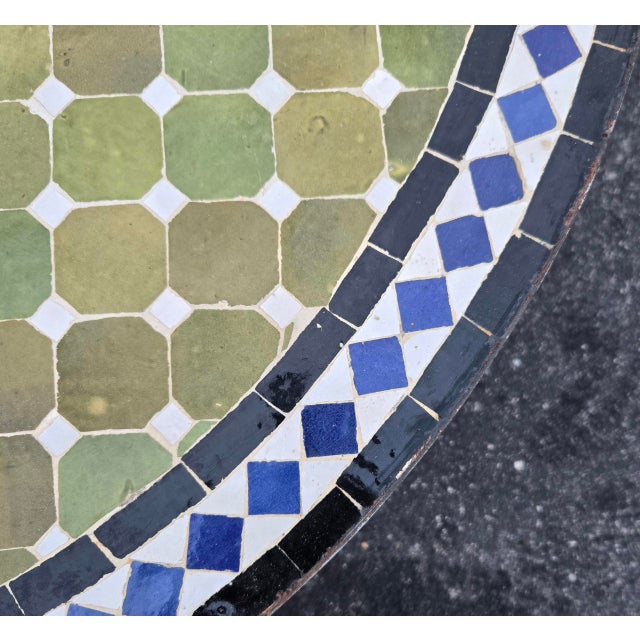 48" Handcrafted Olive Green, Blue, Black and White Moroccan Mosaic Table For Sale - Image 4 of 7