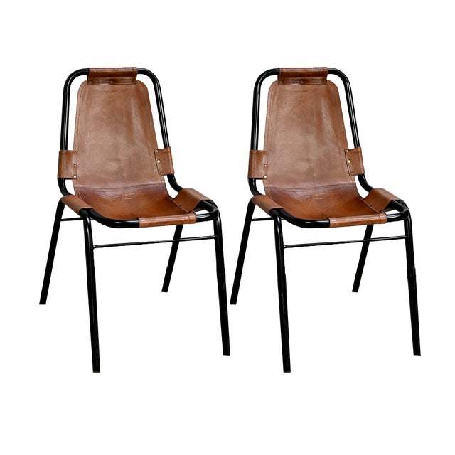 Set of Metal and Leather Chairs, 1960 For Sale