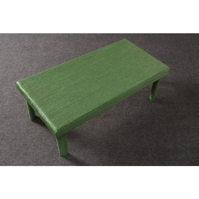 Charming jute wrapped wooden coffee/cocktail table (ca. 1970s, USA). Retains its original mint green paint. Unique form...