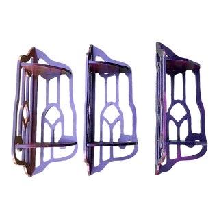 Vintage Dark Fretwork Wood Corner Display Shelves Set of 3 For Sale