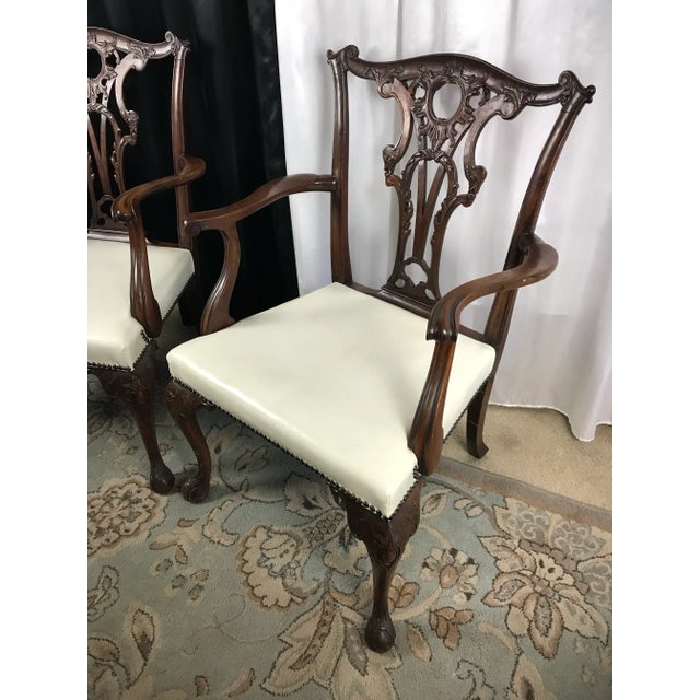 Carved Mahogany Chippendale Dining Chairs, Set of 6, White Faux Leather For Sale - Image 9 of 12