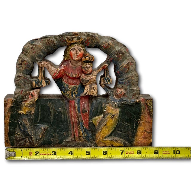 Unusual Antique Italian Hand Carved & Painted Wood Madonna & Child Sicilian Donkey Cart Fragment - Weighted for Doorstop For Sale - Image 16 of 18