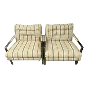 1960s Milo Baughman for Thayer Coggin Chrome Flat Bar Lounge Chairs- Set of 2, Unmarked