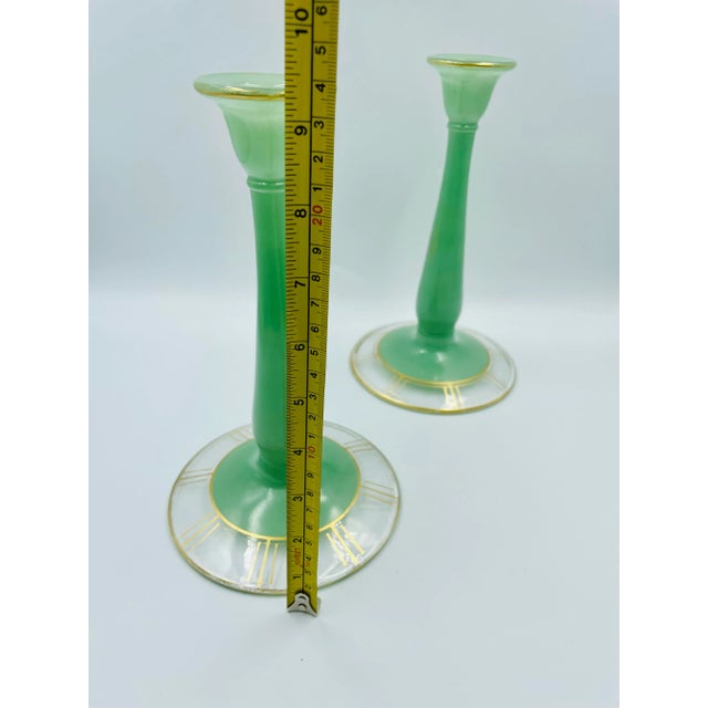 Early 20th Century Art Deco JadeiteStyle Candle Holders With Chronograph Gold Leaf Motif a