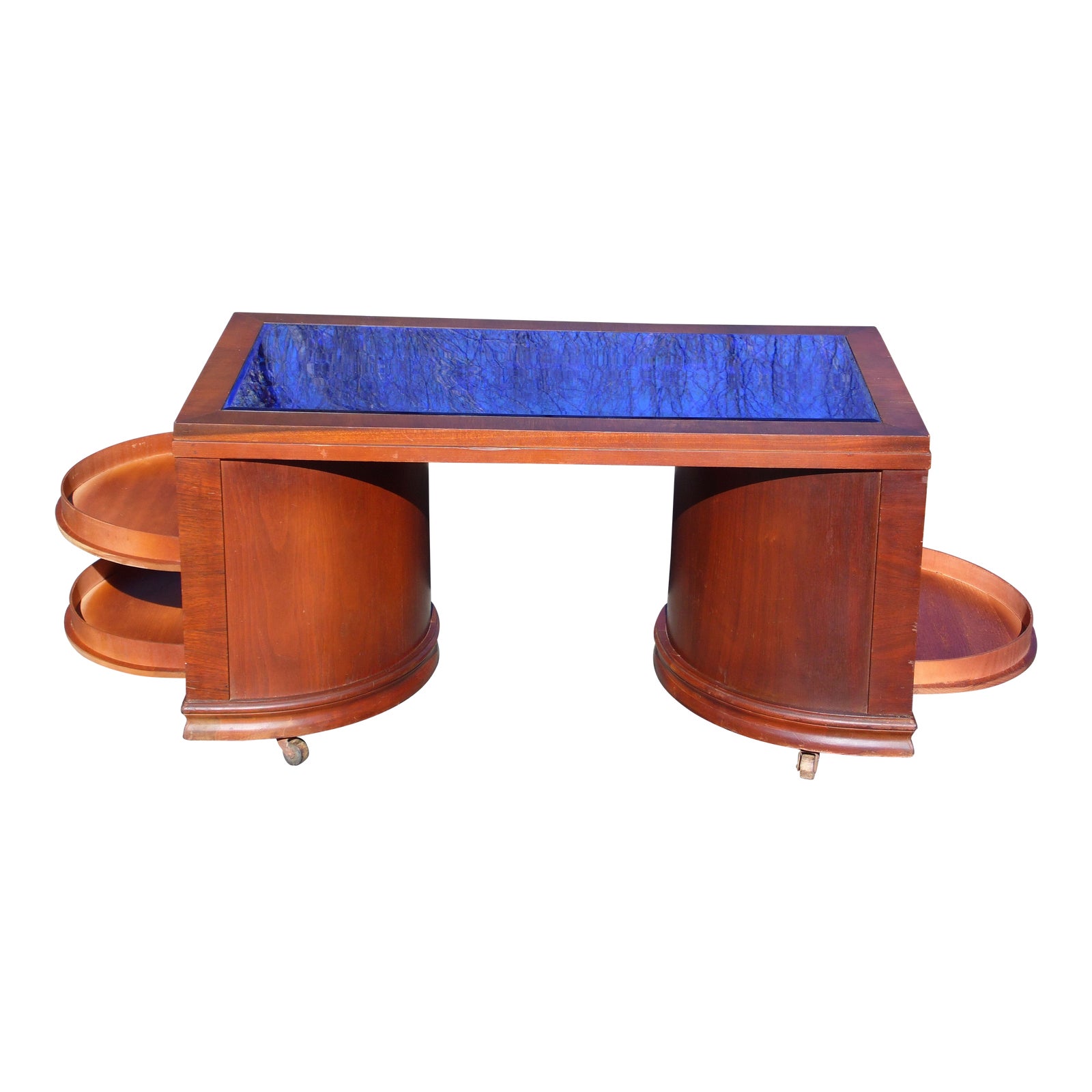 Vintage Art Deco Cobalt Mirror Blue Glass Coffee Table Speakeasy