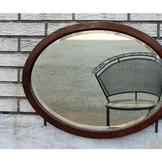 19th Century Victorian Oval Oak Wall Mirror Beveled Edge Antique Glass For Sale In Philadelphia - Image 6 of 11