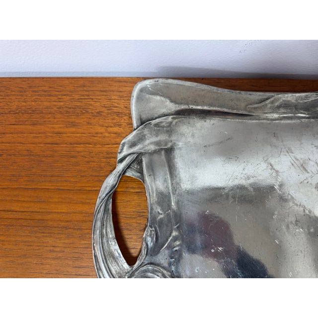 Art Nouveau Antique German Jugendstil Pewter Tray With Sculptural Floral Handles, C. 1900 For Sale - Image 3 of 9