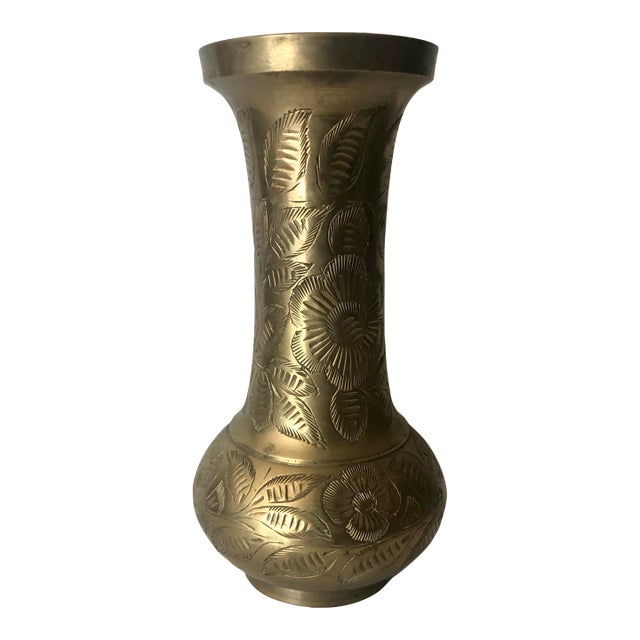 1950s Sarna Brass Floral Etched Bud Vase, Numbered For Sale